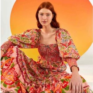 FARM Rio Pink Macaw Flight Smocked Top Midi Dress Sz S